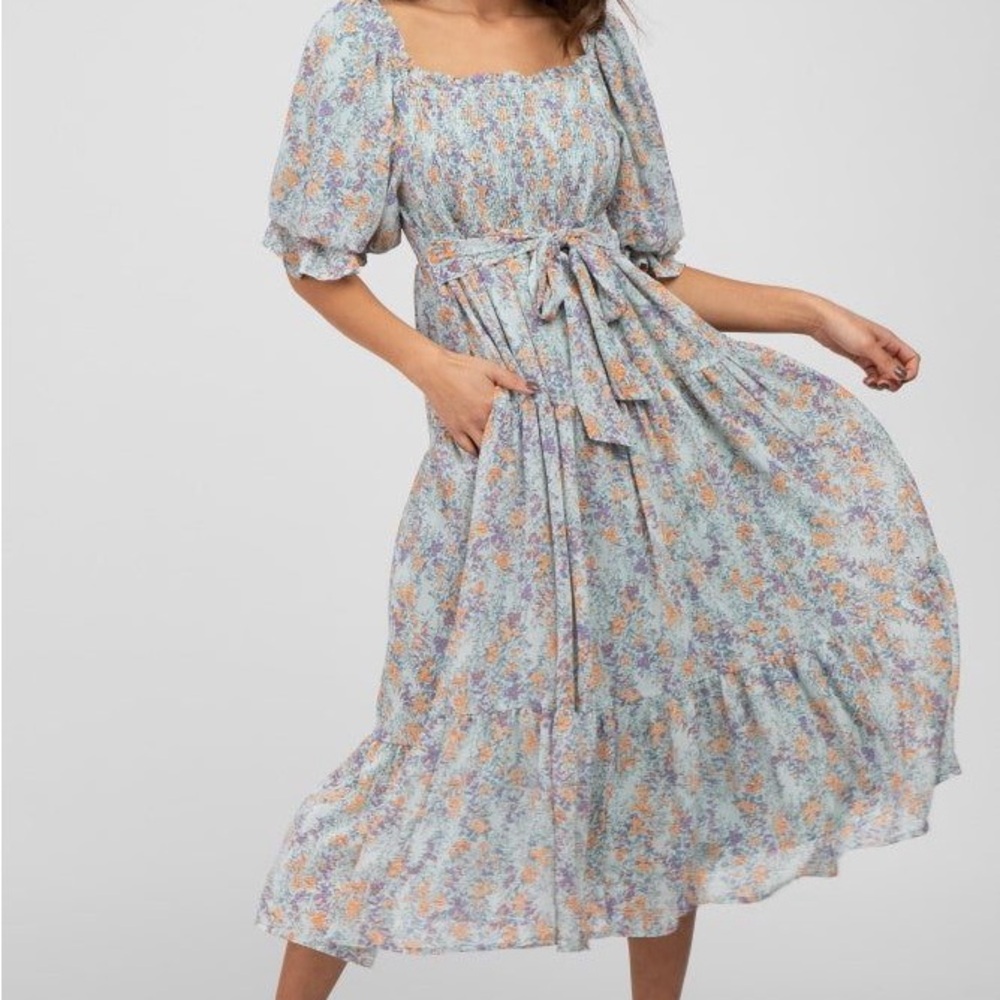 Floral Blue and Orange Smocked Midi Chiffon Dress